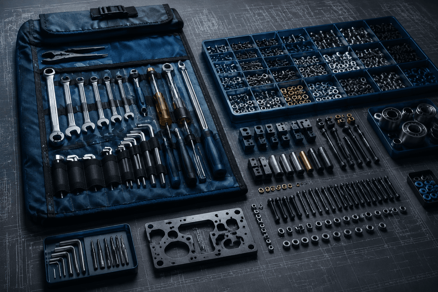 Organized tool roll and sorted hardware