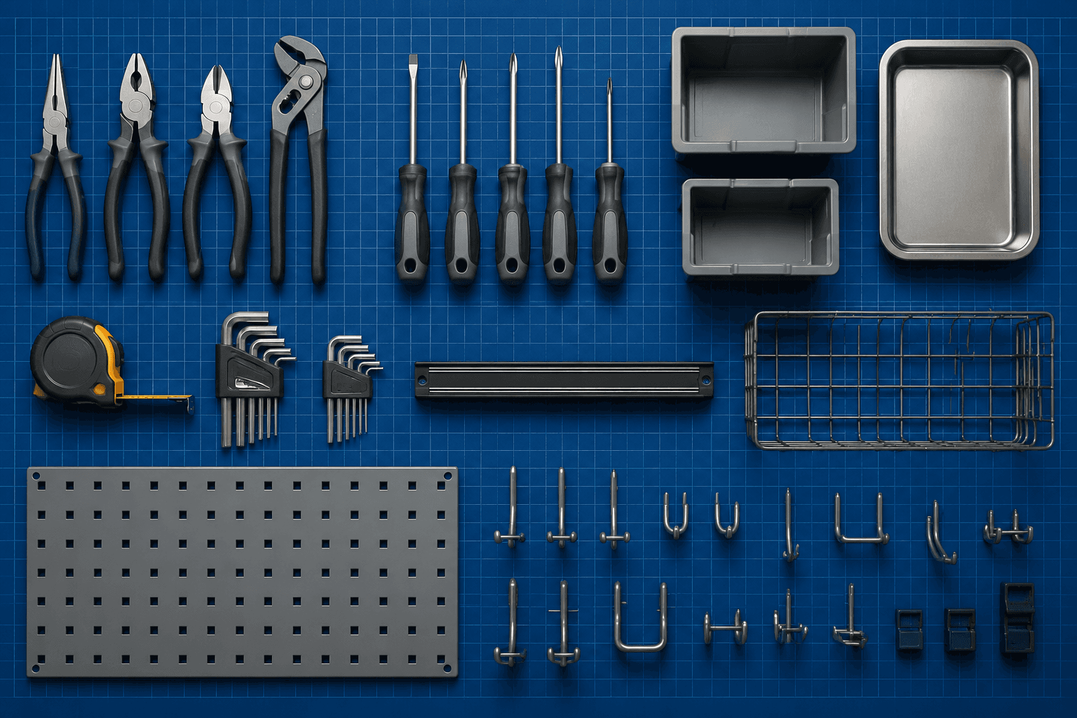 Knolling flat lay of organized hand tools and storage